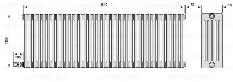 Схема (чертеж) Радиатор Zehnder Charleston 6110/35 №V004 Белый глянцевый RAL 9016